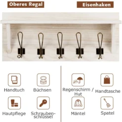 Wandregal Kleiderhakenleiste Wandgarderobe mit 5 Haken & Ablage 61 x 8 x 25,5 cm Weiß