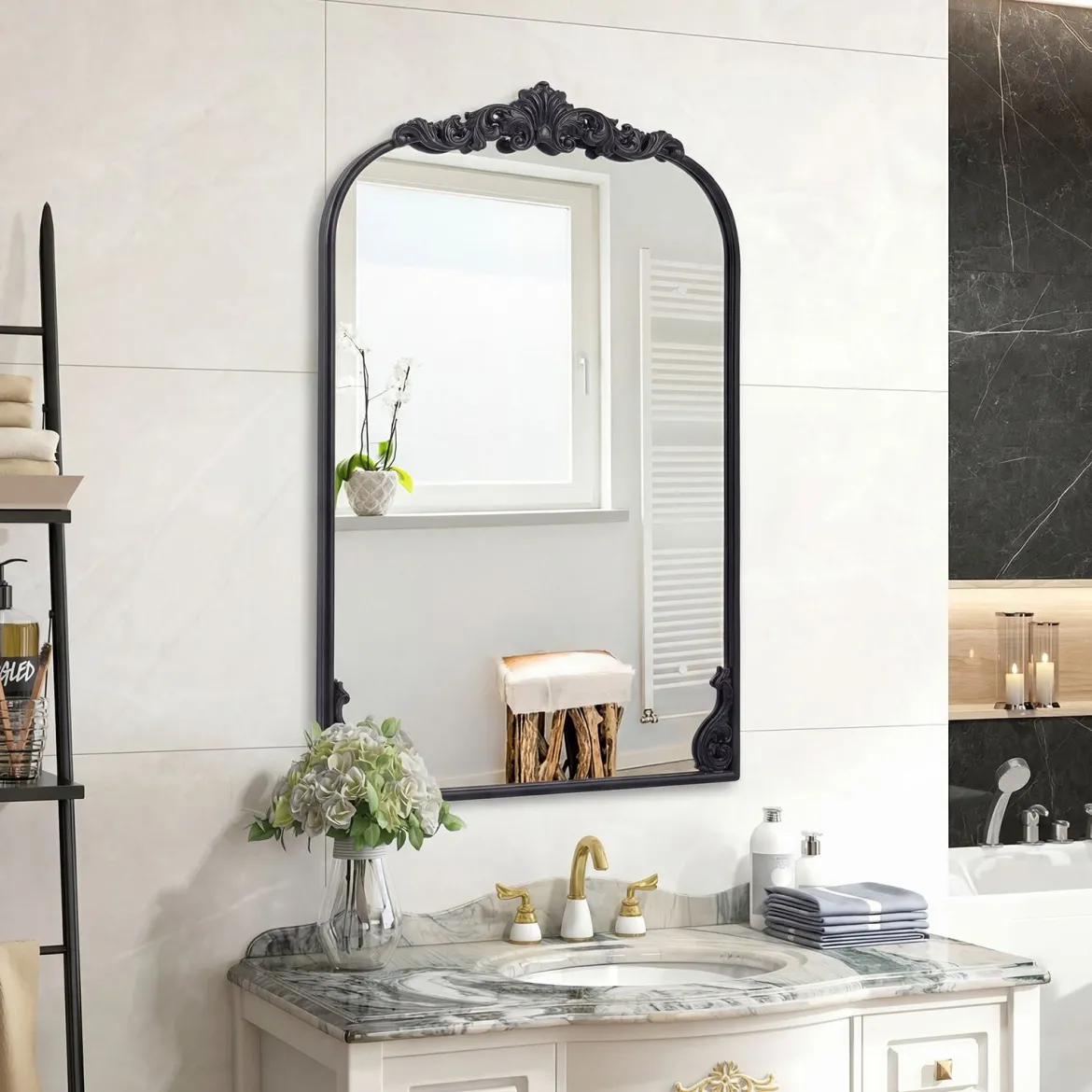 Wandspiegel Goldener Traditioneller Vintage-Barockspiegel Antiker Bogenspiegel 90 cm x 61 cm Schwarz