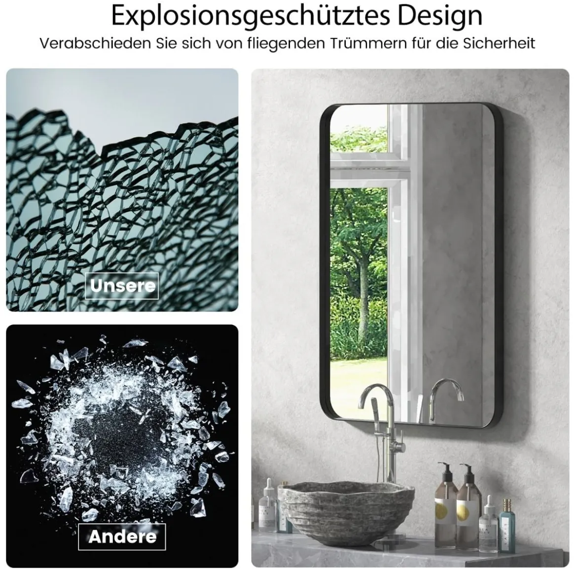 Wandspiegel mit Metallrahmen & Abgerundeten Ecken Moderner Schminkspiegel Schwarz