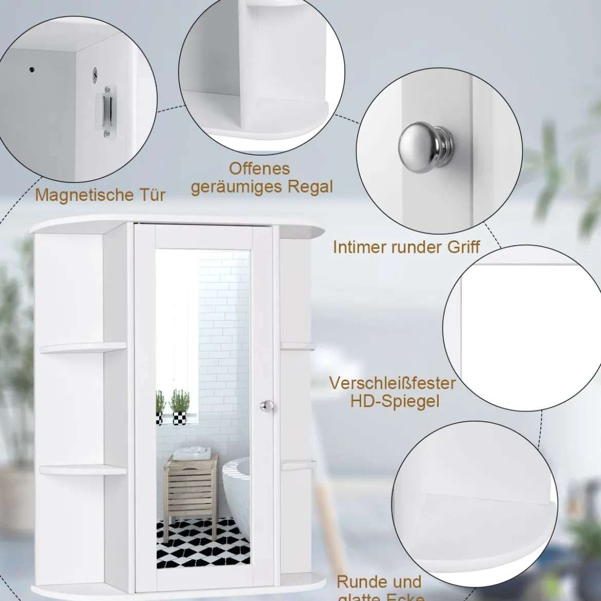 Wandspiegelschrank mit Spiegel Aufbewahrungsschrank für Badezimmer mit Mehreren Einlegeböden Weiß