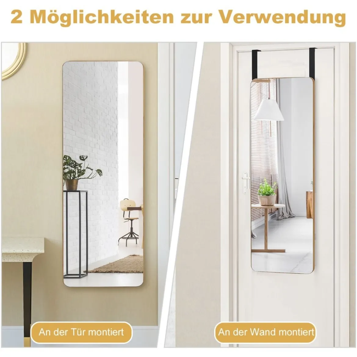 Wandspiegel Türspiegel mit 2 Haken & Abgerundeten Ecken Hängespiegel
