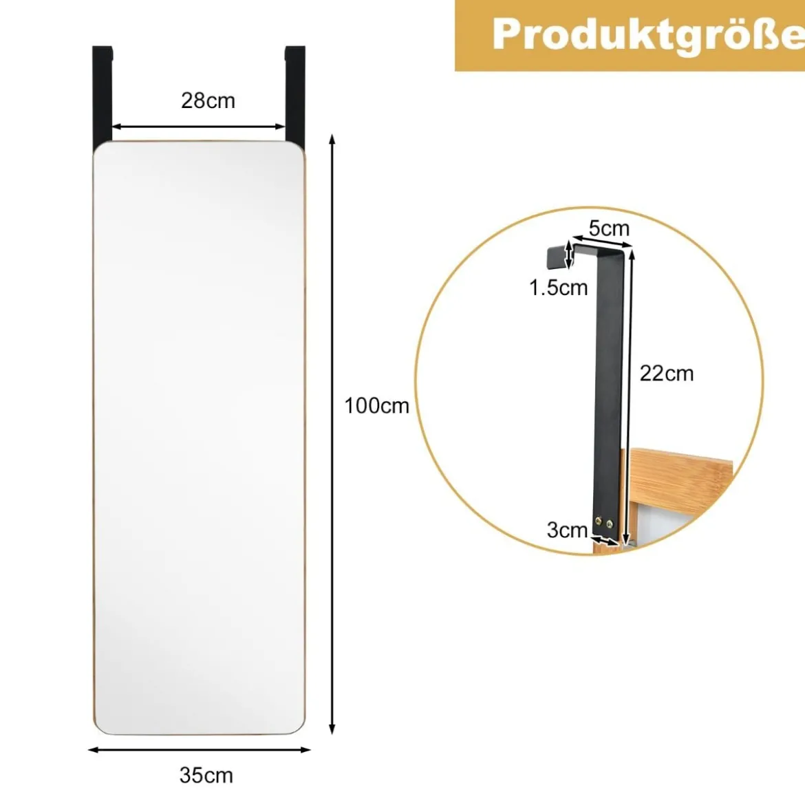 Wandspiegel Türspiegel mit 2 Haken & Abgerundeten Ecken Hängespiegel
