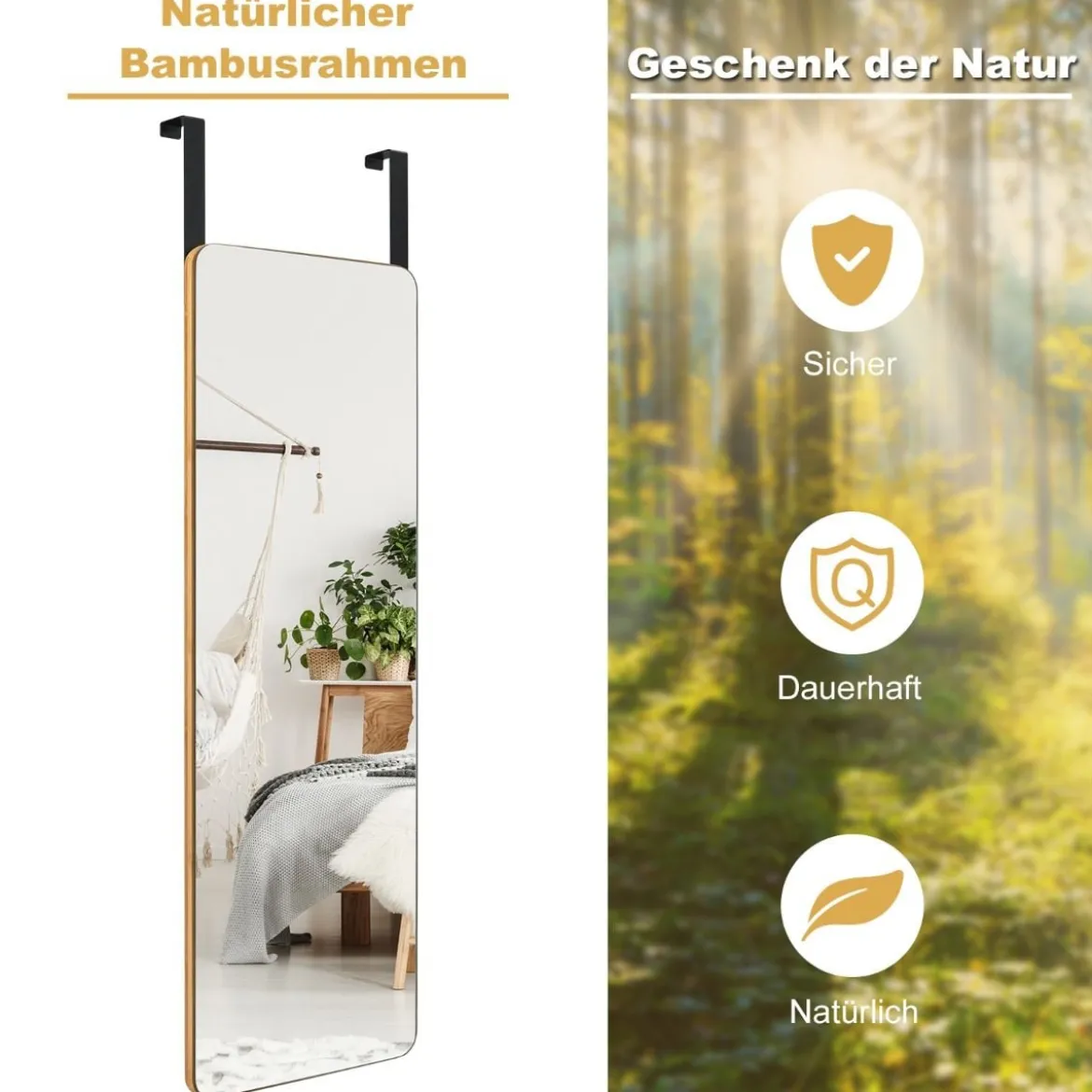 Wandspiegel Türspiegel mit 2 Haken & Abgerundeten Ecken Hängespiegel