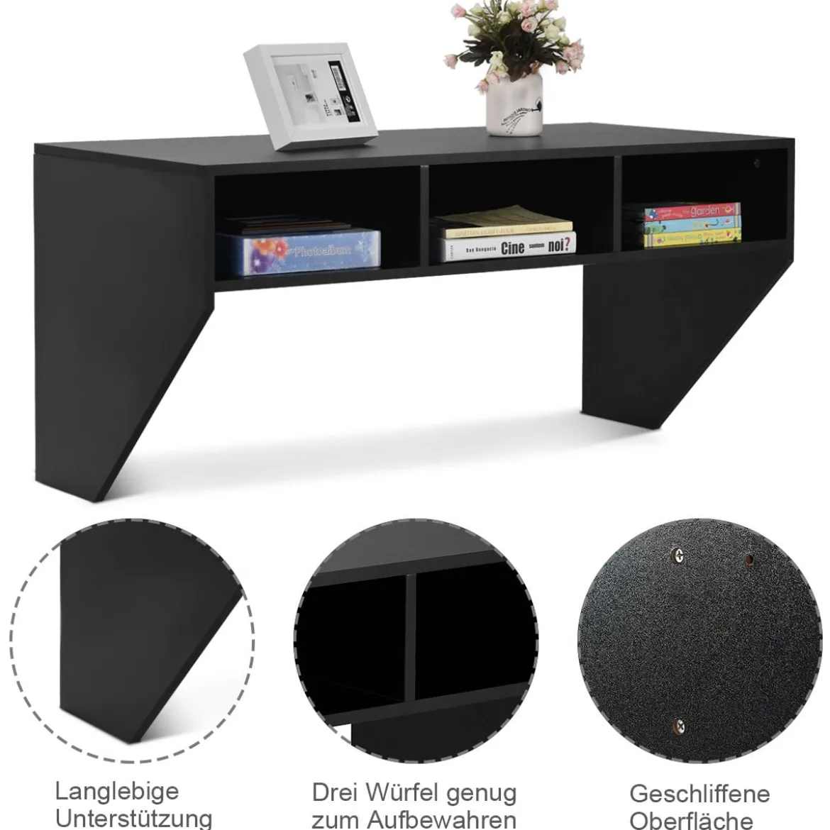 Wandtisch Holz Wandmontierbarer Computertisch mit 3 Ablageflächen 108 x 53 x 52 cm Schwarz