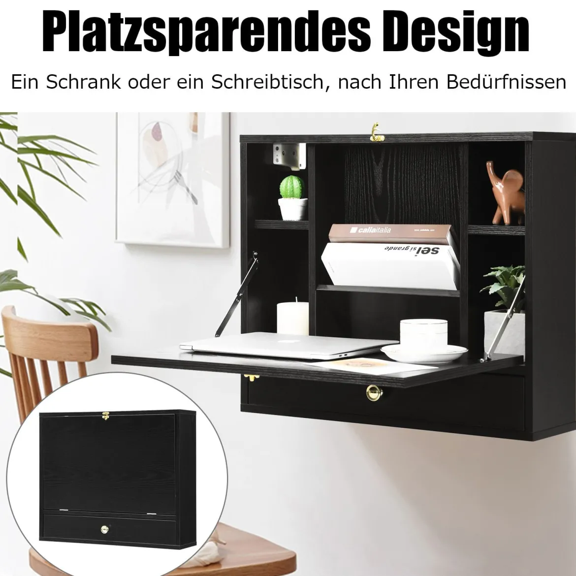 Wandtisch klappbar Schreibtisch wandhängend Laptop-Tisch aus Holz 60 x 15 x 50 cm Schwarz
