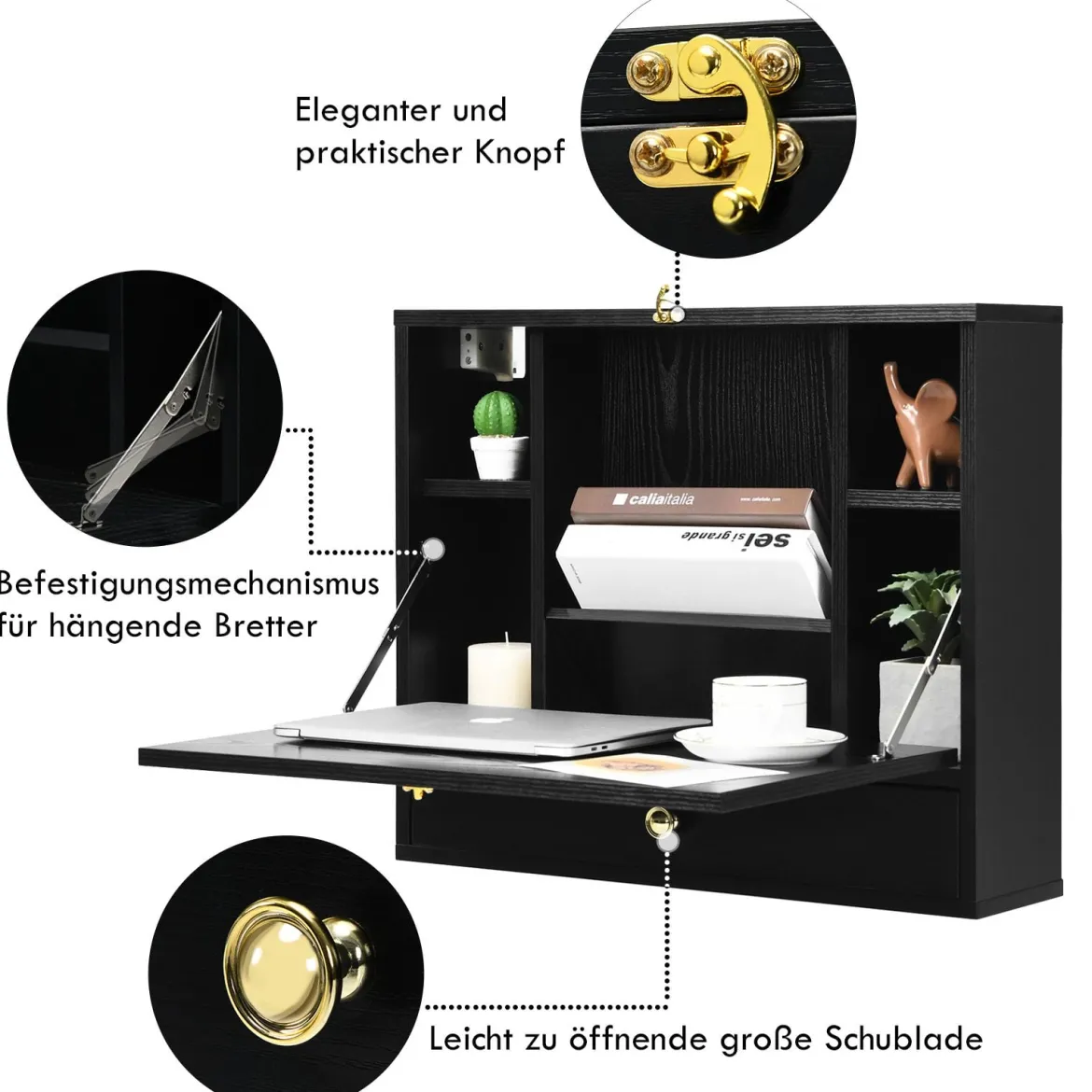 Wandtisch klappbar Schreibtisch wandhängend Laptop-Tisch aus Holz 60 x 15 x 50 cm Schwarz