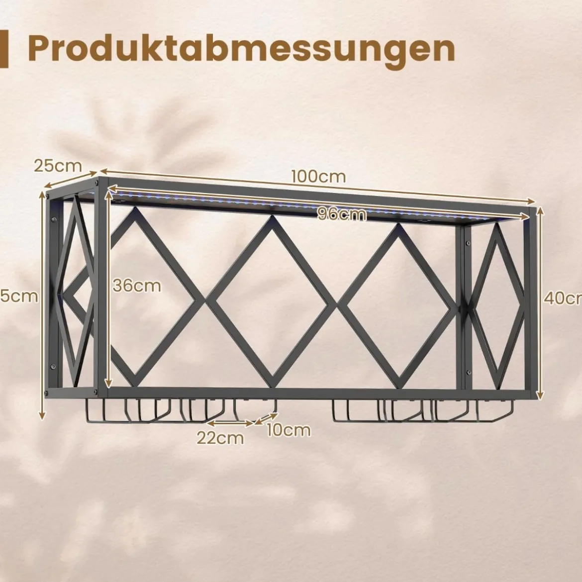 Wand Weinregal mit LED Beleuchtung & 6 Reihen Weingläserhalter 2 Ebenen Holz Flaschenregal