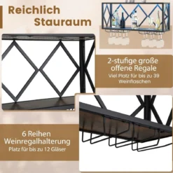 Wand Weinregal mit LED Beleuchtung & 6 Reihen Weingläserhalter 2 Ebenen Holz Flaschenregal