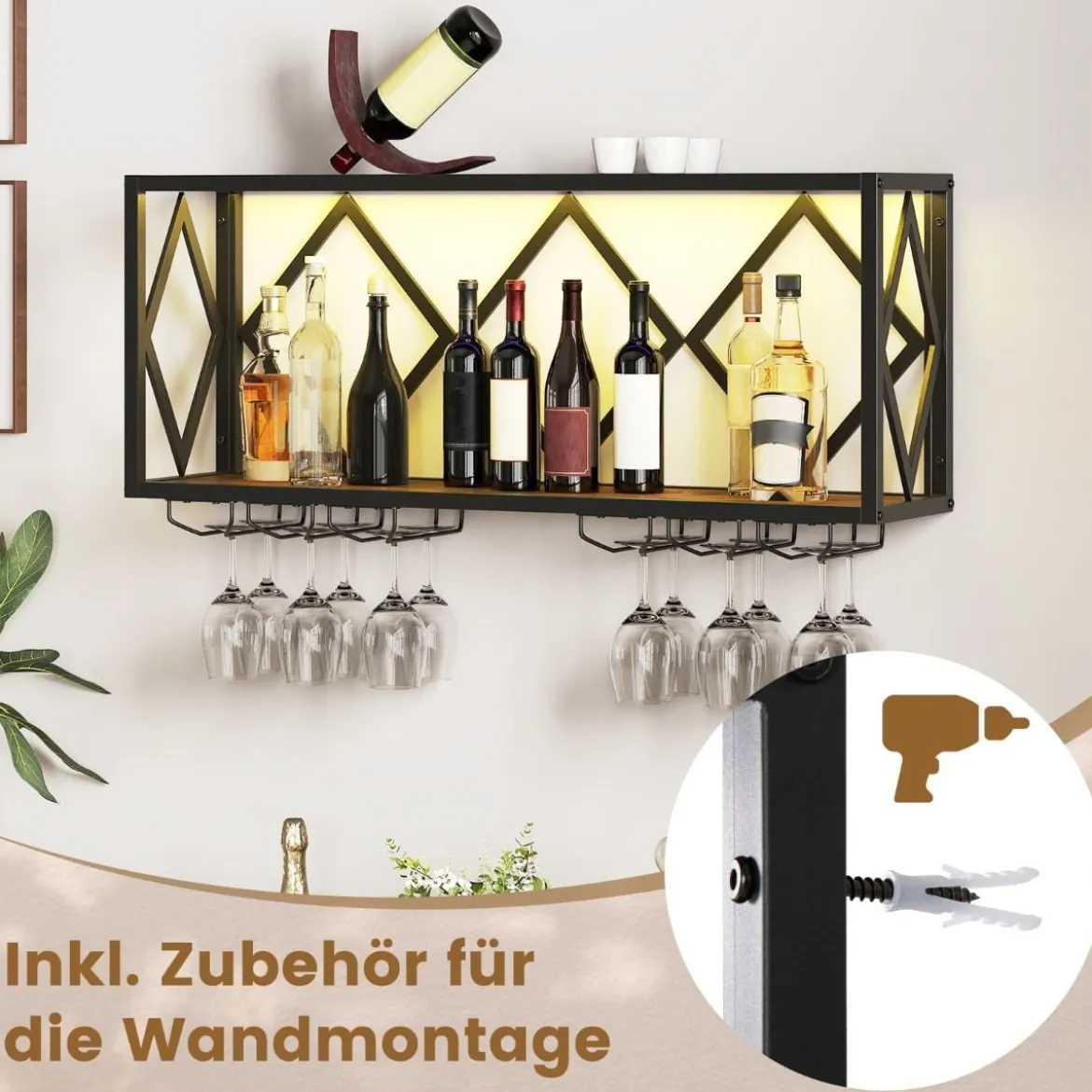 Wand Weinregal mit LED Beleuchtung & 6 Reihen Weingläserhalter 2 Ebenen Holz Flaschenregal