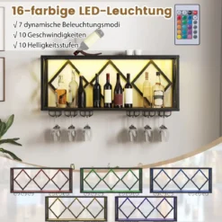 Wand Weinregal mit LED Beleuchtung & 6 Reihen Weingläserhalter 2 Ebenen Holz Flaschenregal