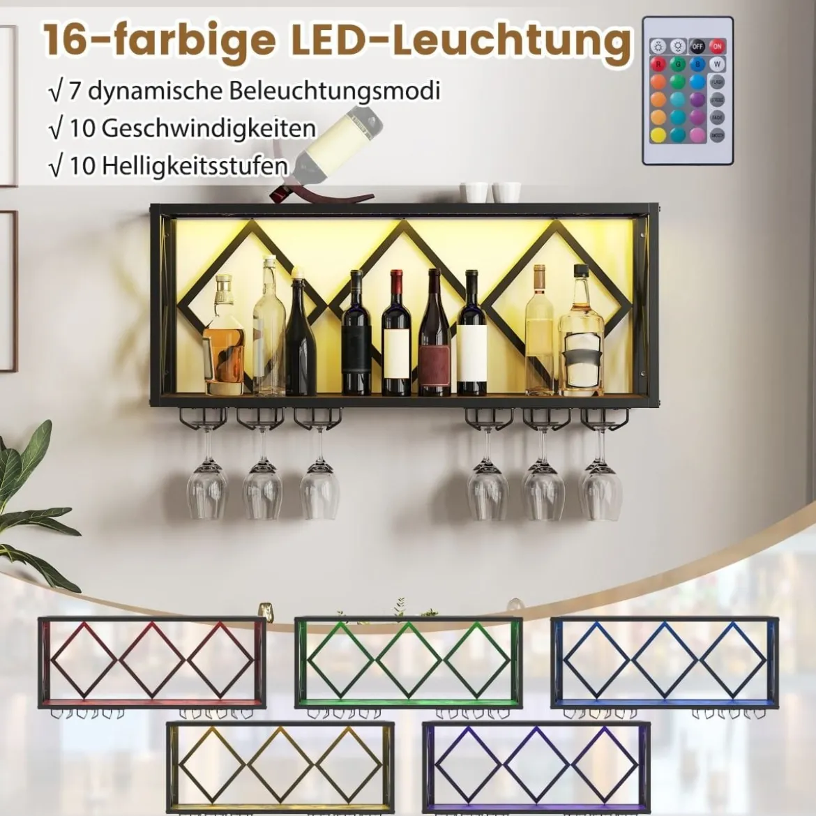 Wand Weinregal mit LED Beleuchtung & 6 Reihen Weingläserhalter 2 Ebenen Holz Flaschenregal