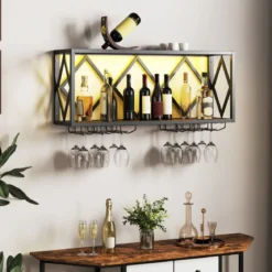 Wand Weinregal mit LED Beleuchtung & 6 Reihen Weingläserhalter 2 Ebenen Holz Flaschenregal