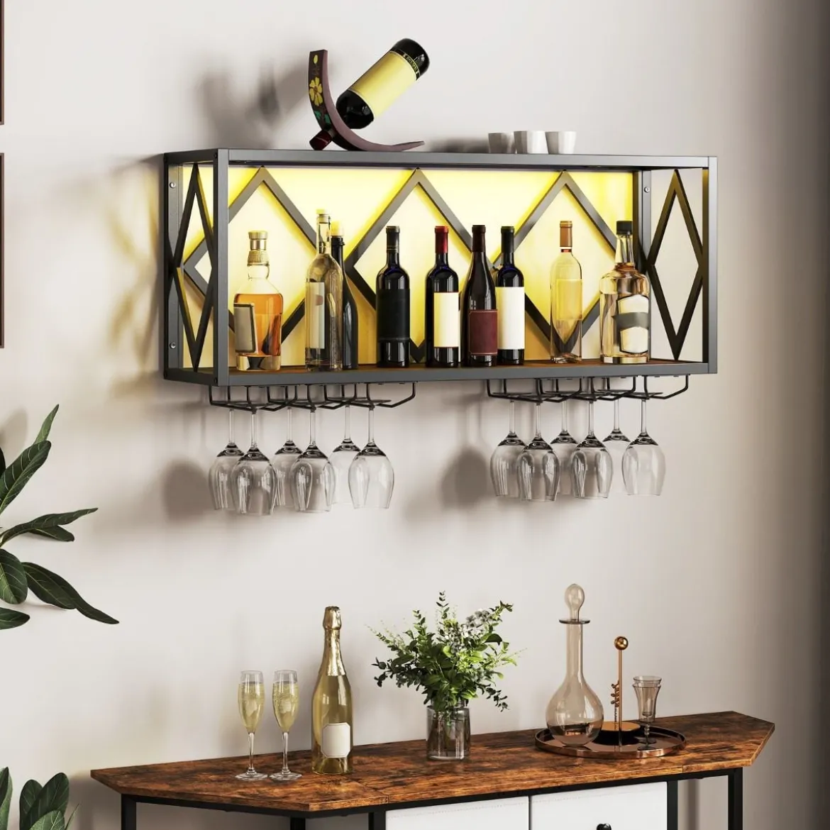 Wand Weinregal mit LED Beleuchtung & 6 Reihen Weingläserhalter 2 Ebenen Holz Flaschenregal