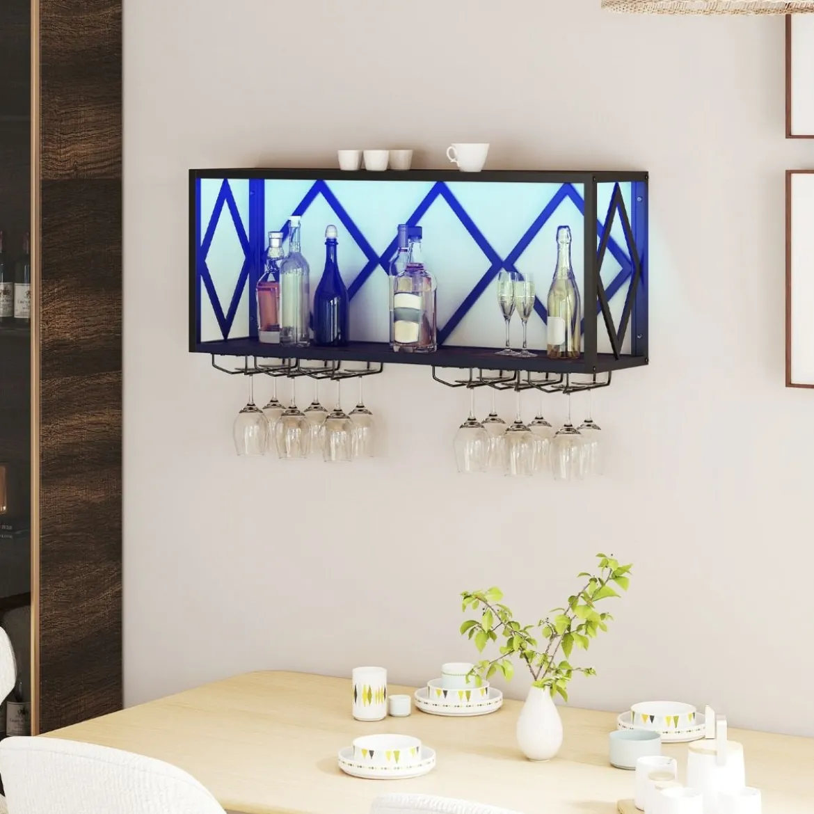 Wand Weinregal mit LED Beleuchtung & 6 Reihen Weingläserhalter 2 Ebenen Holz Flaschenregal