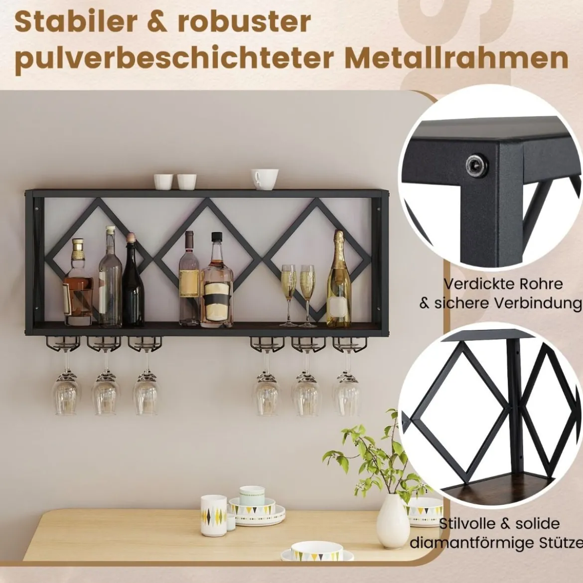 Wand Weinregal mit LED Beleuchtung & 6 Reihen Weingläserhalter 2 Ebenen Holz Flaschenregal