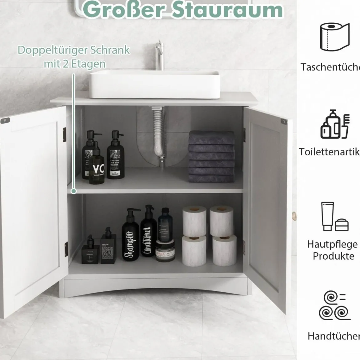 Waschbeckenunterschrank Badezimmerschrank mit 2 Türen U förmige Beine Weiß 60 x 30 x 60 cm