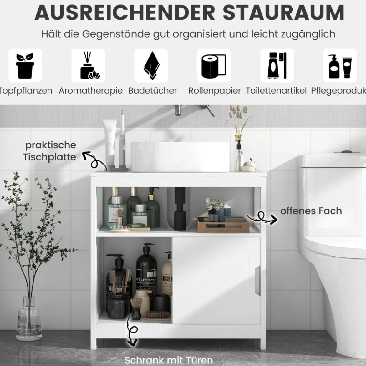 Waschbeckenunterschrank mit 2 Schiebetüren Bad Unterschrank freistehend 60 x 30 x 60 cm Weiß