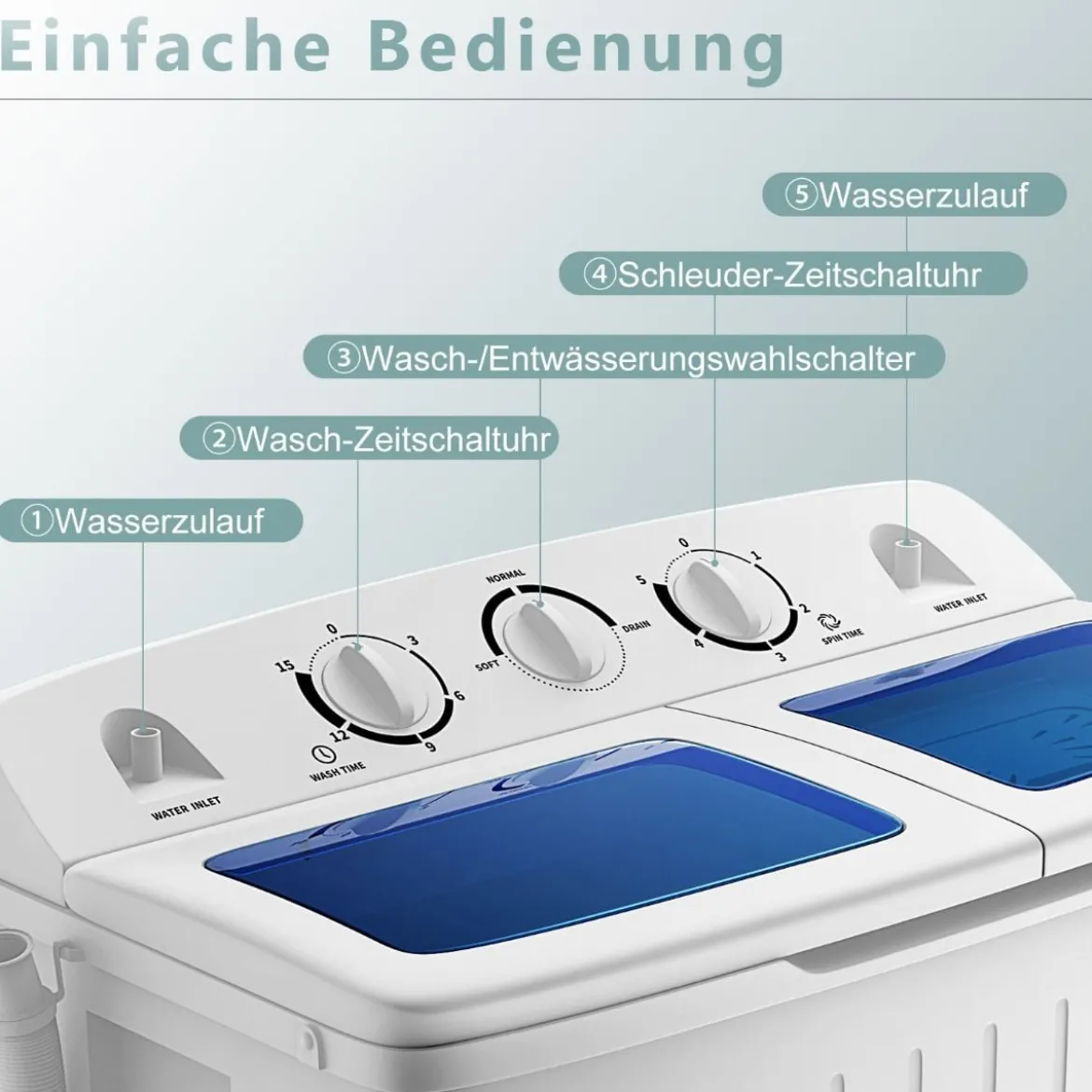 Waschmaschine mit 5kg Waschkapazität & 3kg Schleuderkapazität 63 x 35,5 x 72 cm Weiß