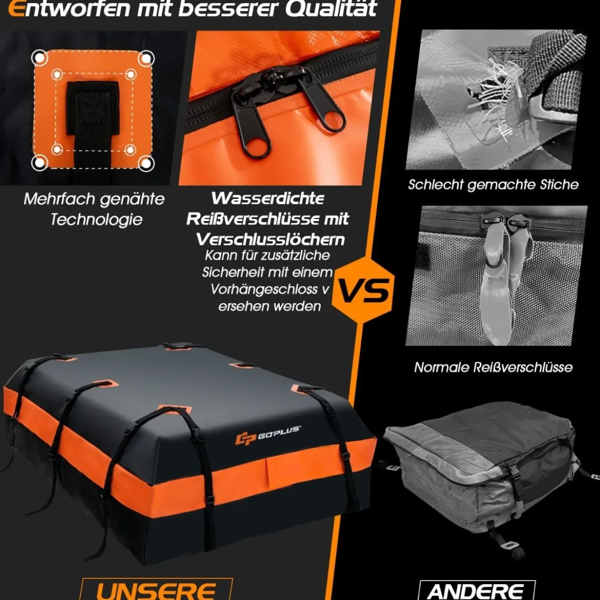 Wasserdicht Dachbox mit 600 L Kapazität für Alle Fahrzeuge 132x100x43cm Schwarz+Orange