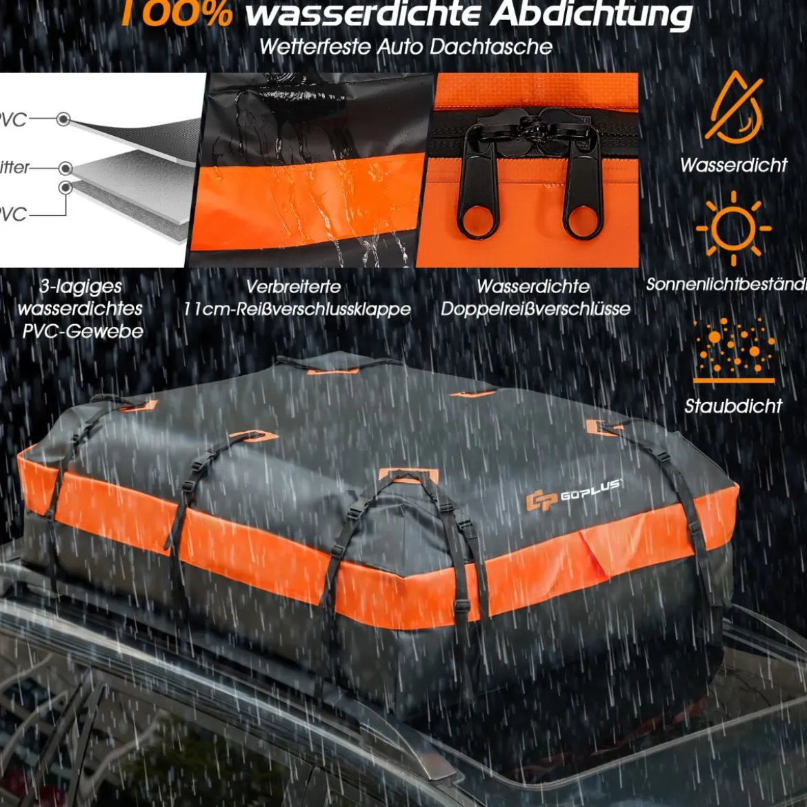 Wasserdicht Dachbox mit 600 L Kapazität für Alle Fahrzeuge 132x100x43cm Schwarz+Orange