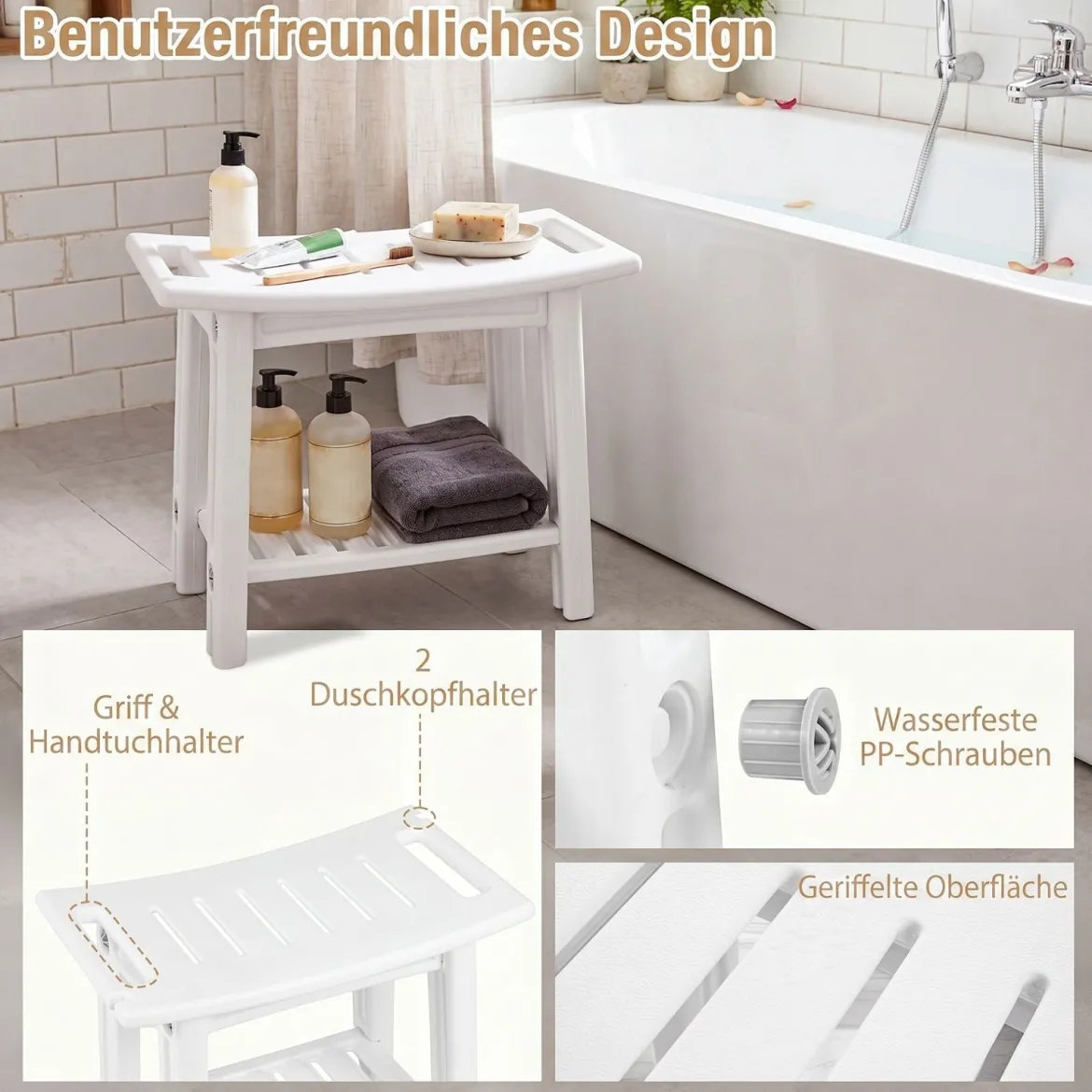 Wasserfester HDPE-Badhocker Duschbank für Badewanne & Badezimmer 150 kg Tragbar Weiß