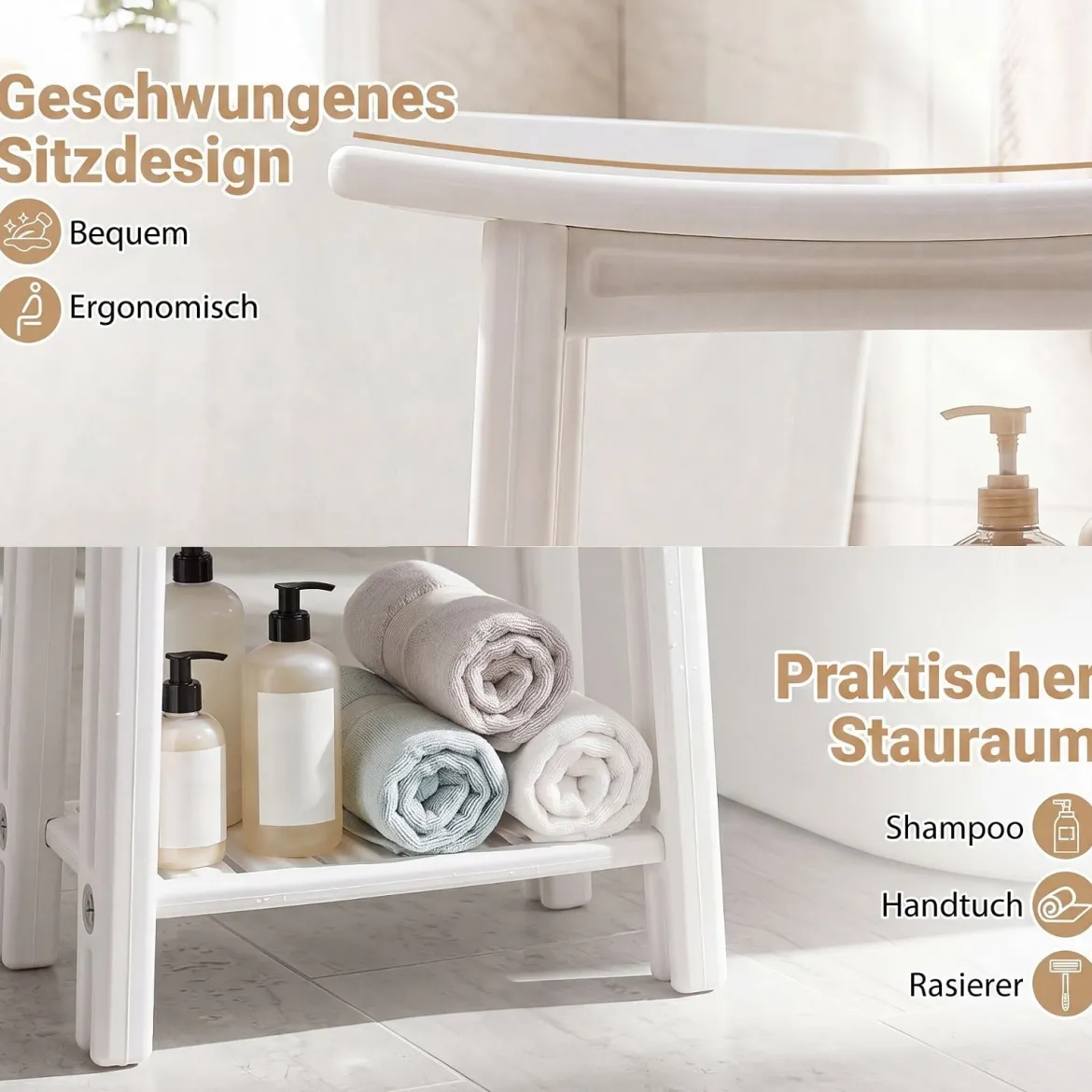 Wasserfester HDPE-Badhocker Duschbank für Badewanne & Badezimmer 150 kg Tragbar Weiß