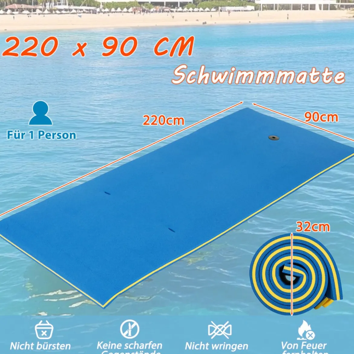 Wasserhängematte Schwimmmatte Schwimmfloß Wasser Bett 220 x 90 x 4 cm Blau