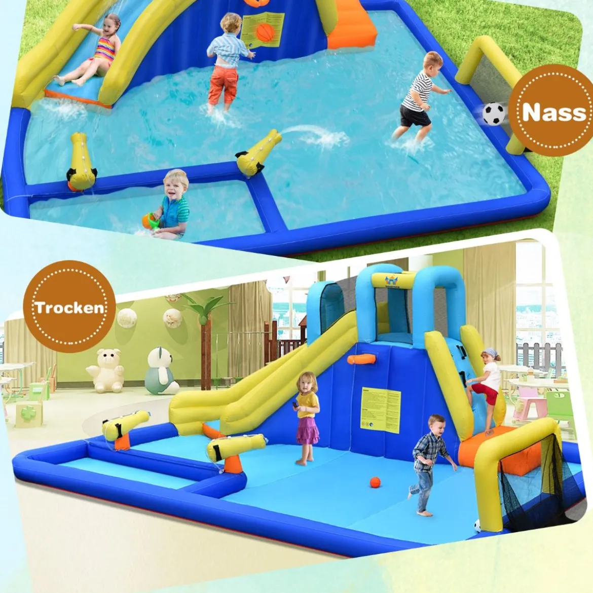 Wasserpark 6-in-1 Hüpfburg mit Gebläse & Wasserdüsen & Rutsche 525 x 373 x 203 cm