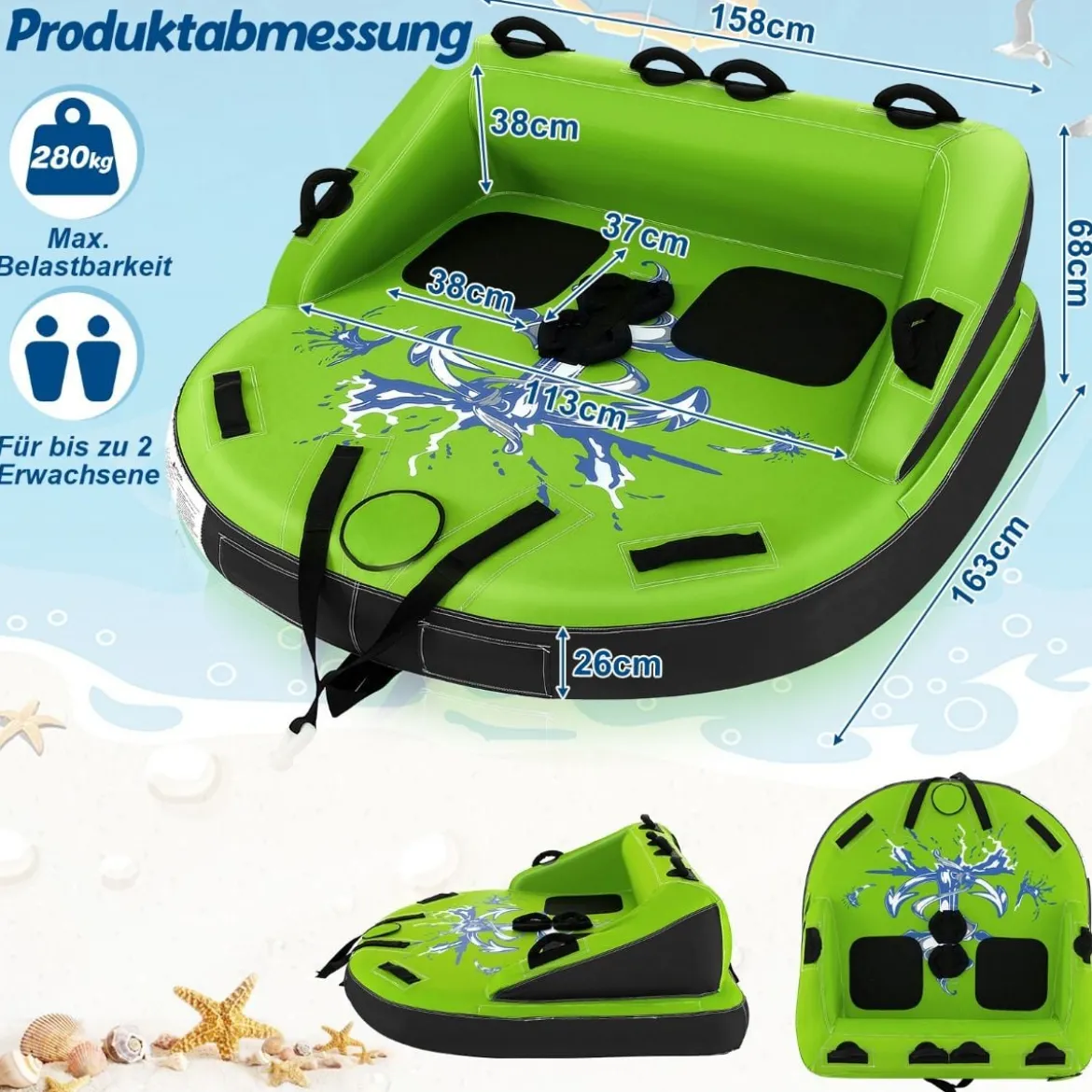 Wassersport-Surffahrzeuge Aufblasbare Wasserplattformen für 2 Personen 163 x 158 x 67 cm Grün