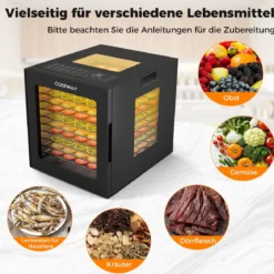 850W Dörrautomat inkl. 10 Edelstahl-Schalen Dörrgerät mit 10 voreingestellten Programmen 48H Timer & 30-75℃ Temperatur