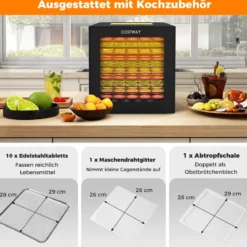 850W Dörrautomat inkl. 10 Edelstahl-Schalen Dörrgerät mit 10 voreingestellten Programmen 48H Timer & 30-75℃ Temperatur