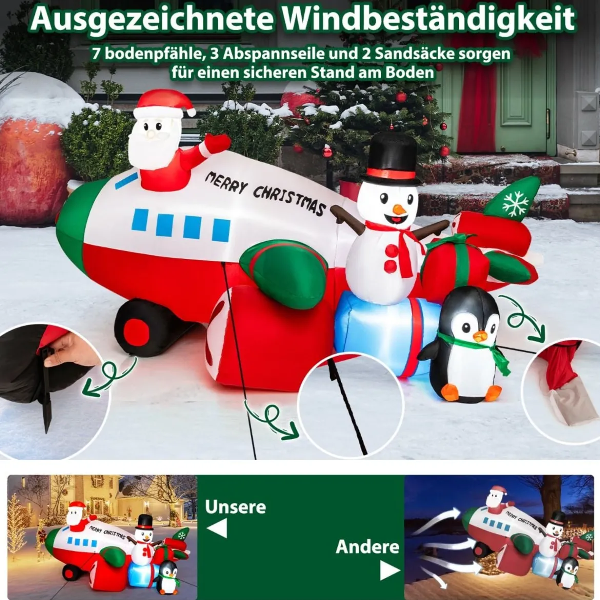 Weihnachtliche aufblasbare Dekoration Weihnachtsmann im Flugzeug 280 x 210 x 150 cm