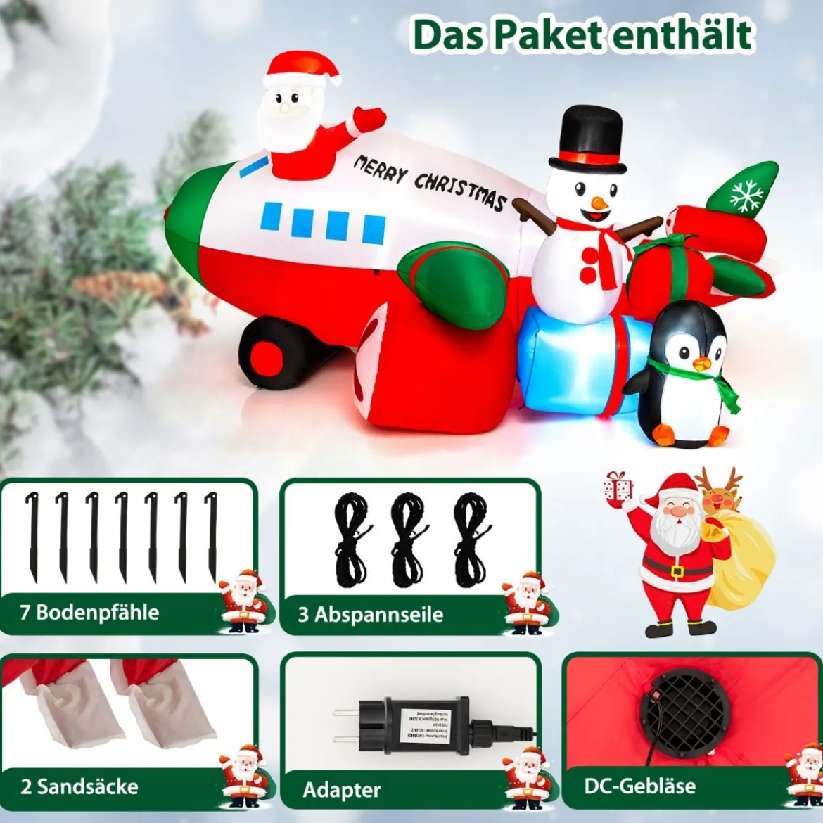 Weihnachtliche aufblasbare Dekoration Weihnachtsmann im Flugzeug 280 x 210 x 150 cm