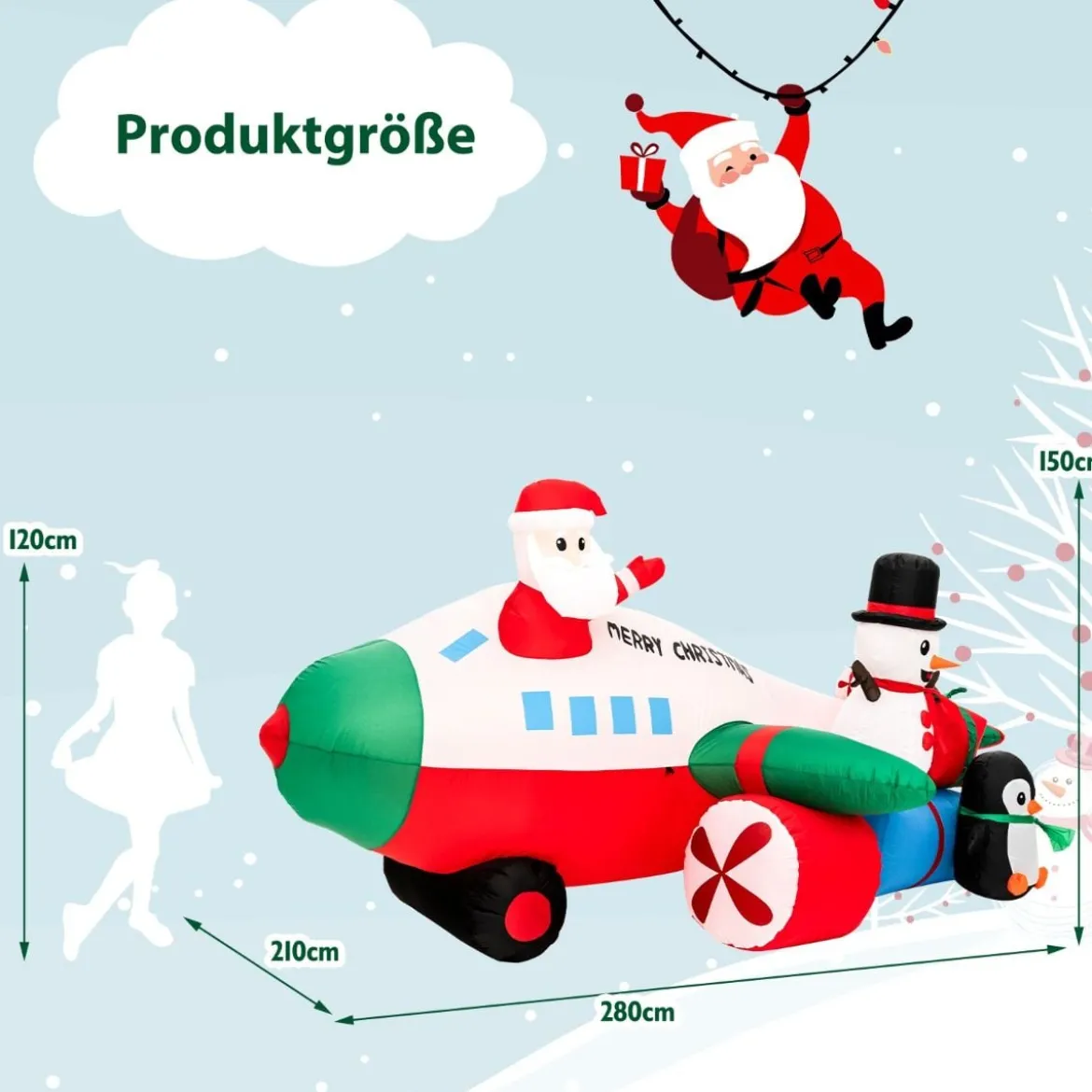 Weihnachtliche aufblasbare Dekoration Weihnachtsmann im Flugzeug 280 x 210 x 150 cm