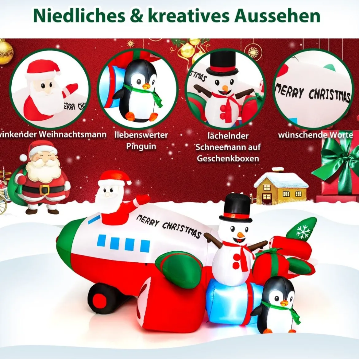 Weihnachtliche aufblasbare Dekoration Weihnachtsmann im Flugzeug 280 x 210 x 150 cm