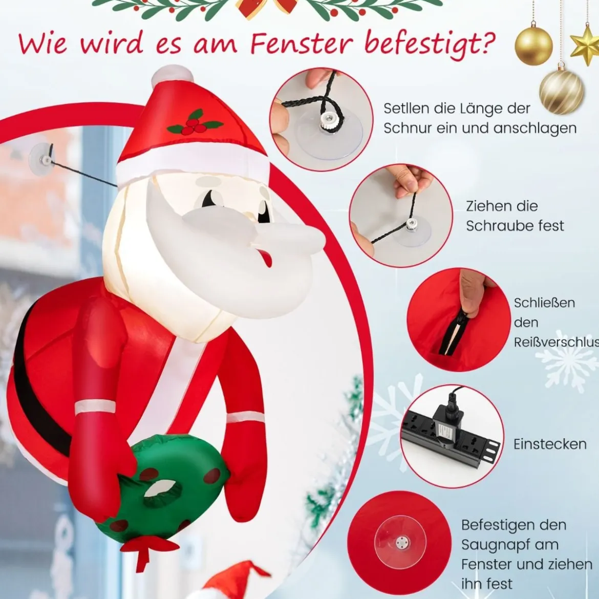 Weihnachtsaufblasbarer Weihnachtsmann aus dem Fenster mit LED-Lichtern 45 x 60 x 100 cm Rot