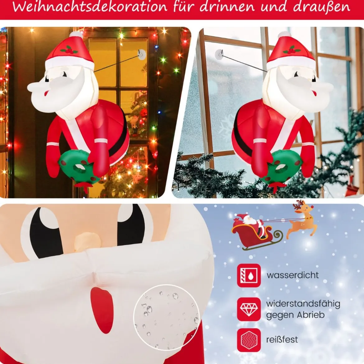 Weihnachtsaufblasbarer Weihnachtsmann aus dem Fenster mit LED-Lichtern 45 x 60 x 100 cm Rot