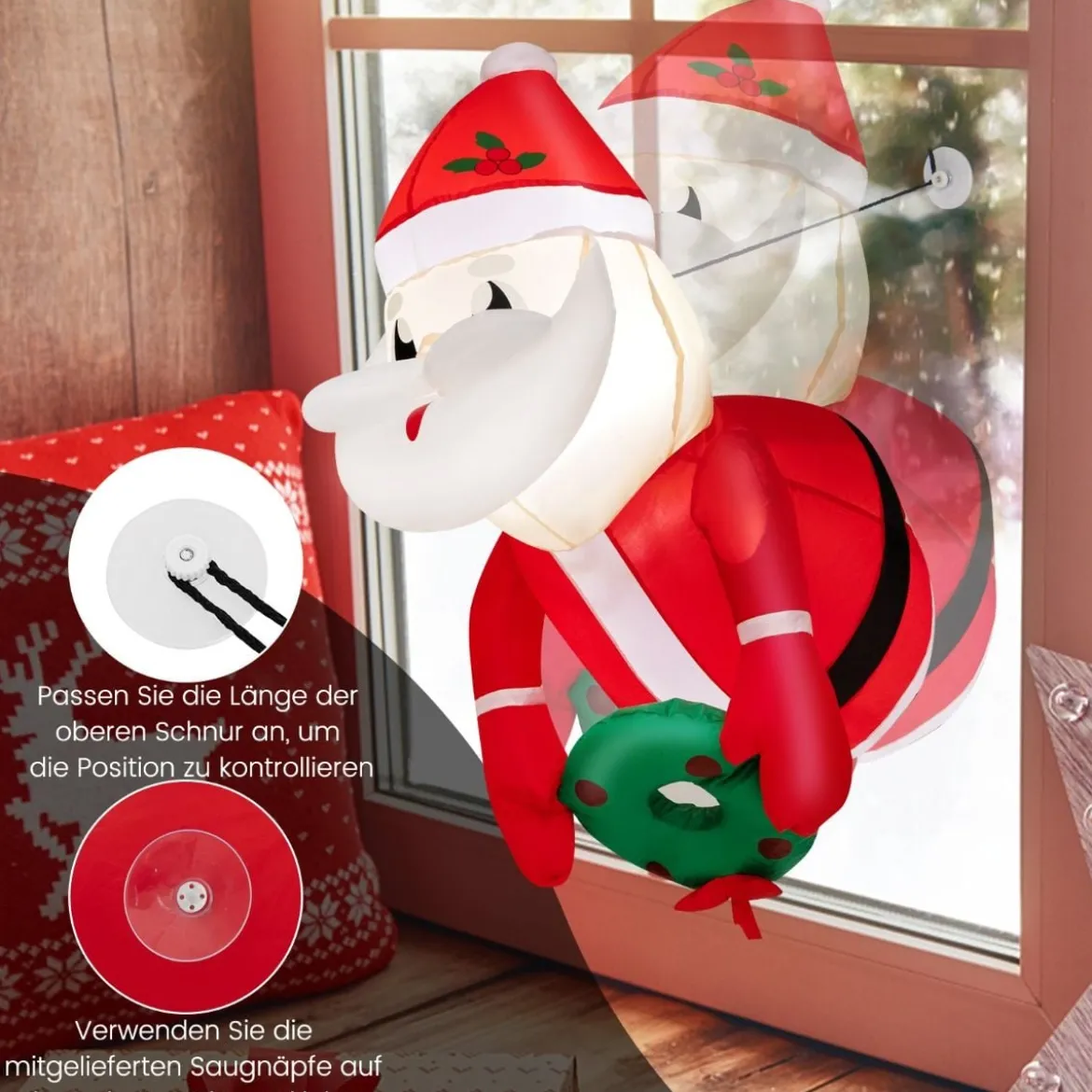 Weihnachtsaufblasbarer Weihnachtsmann aus dem Fenster mit LED-Lichtern 45 x 60 x 100 cm Rot