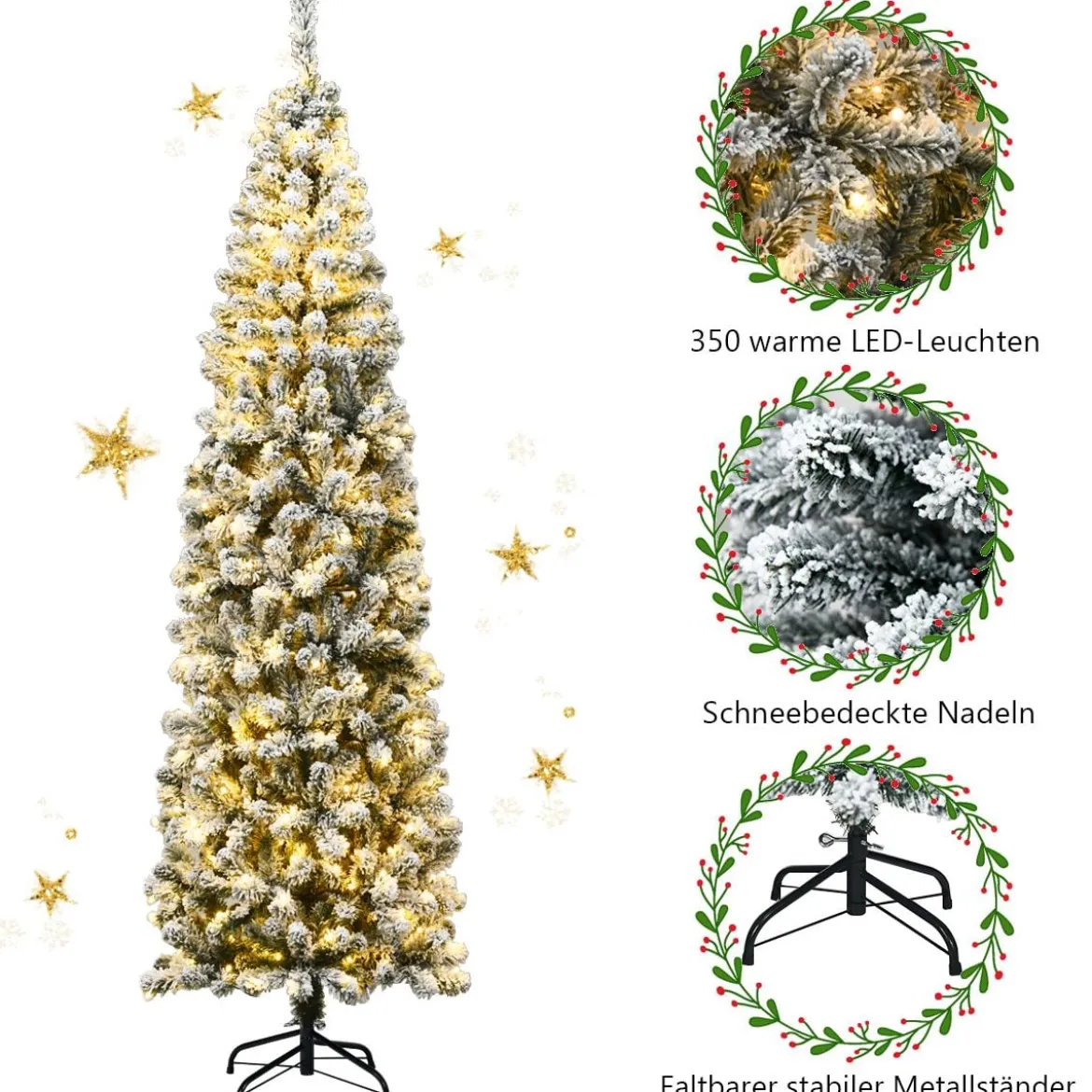 Weihnachtsbaum 225 cm Bleistift Weihnachtsbaum mit Schnee und 350 Warmweißen LED-Leuchten