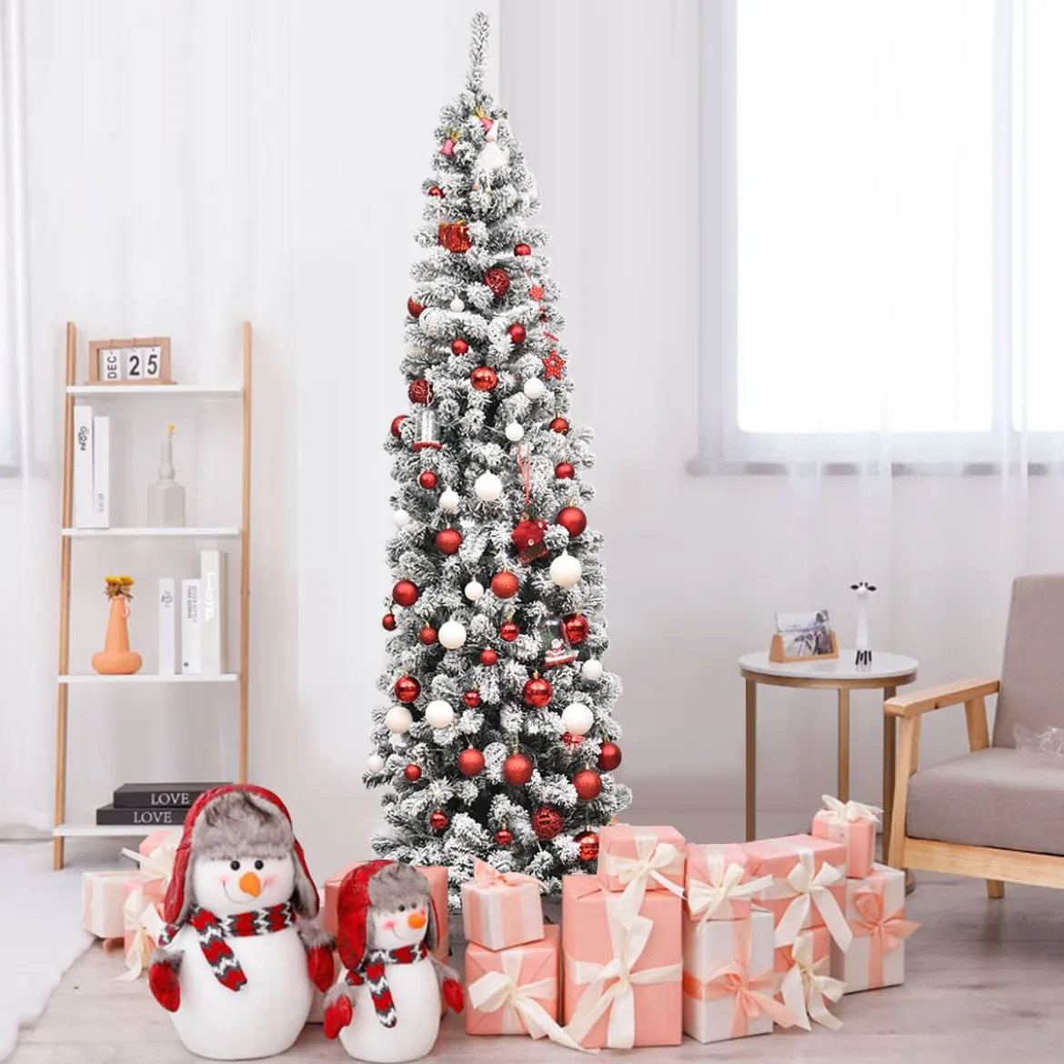Weihnachtsbaum 225 cm Bleistift Weihnachtsbaum mit Schnee und 350 Warmweißen LED-Leuchten