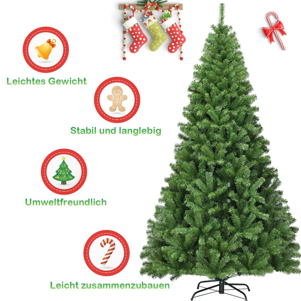 Weihnachtsbaum 225 cm Künstlicher Tannenbaum mit Klappsystem 1346 Spitzen PVC Grün