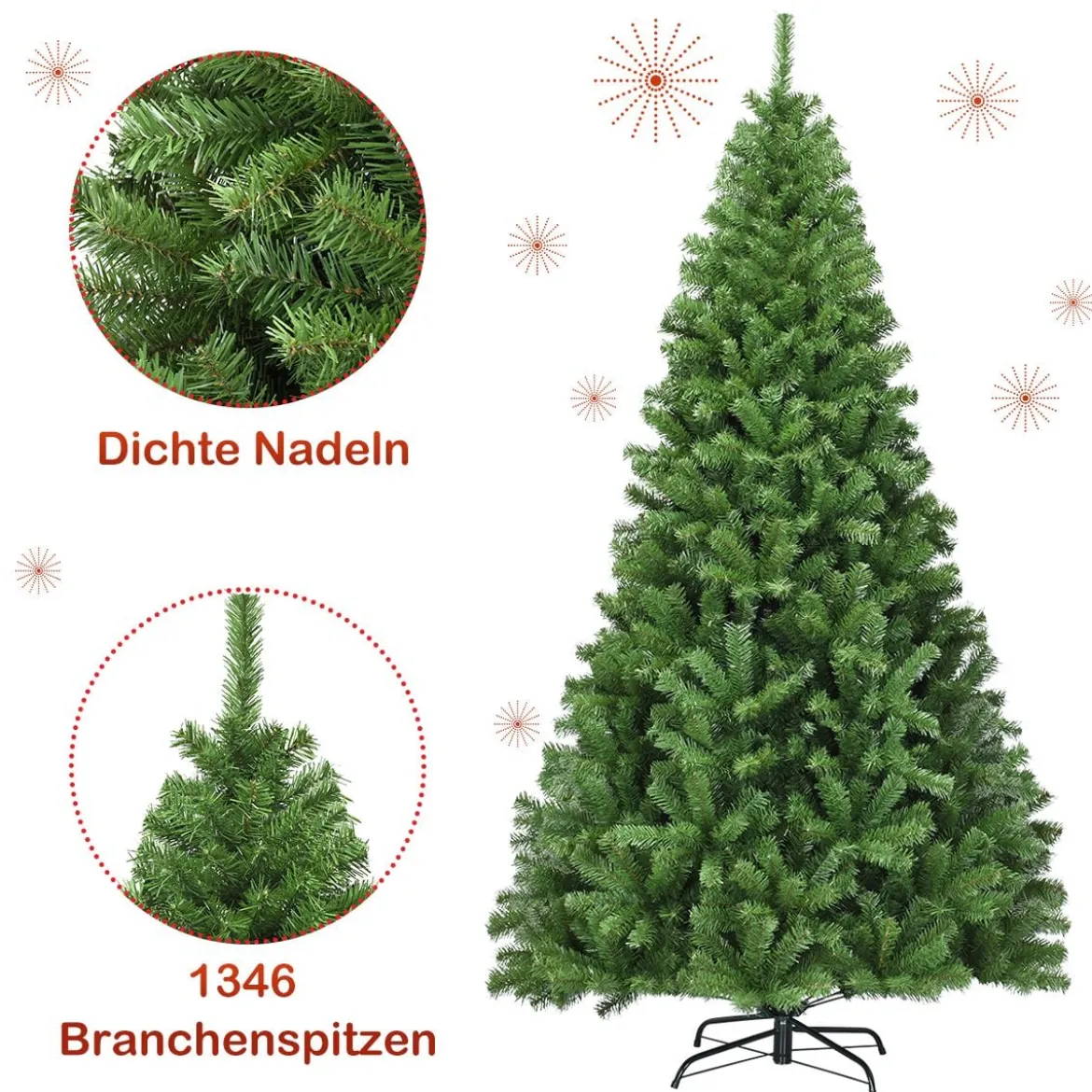Weihnachtsbaum 225 cm Künstlicher Tannenbaum mit Klappsystem 1346 Spitzen PVC Grün