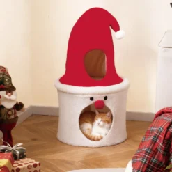 Weihnachts-Kratzbaum mit Schlafplatz 75 cm moderner süßer Katzenturm mit gepolsterter oberer Liegefläche Rot