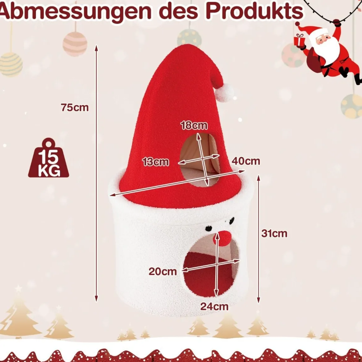 Weihnachts-Kratzbaum mit Schlafplatz 75 cm moderner süßer Katzenturm mit gepolsterter oberer Liegefläche Rot