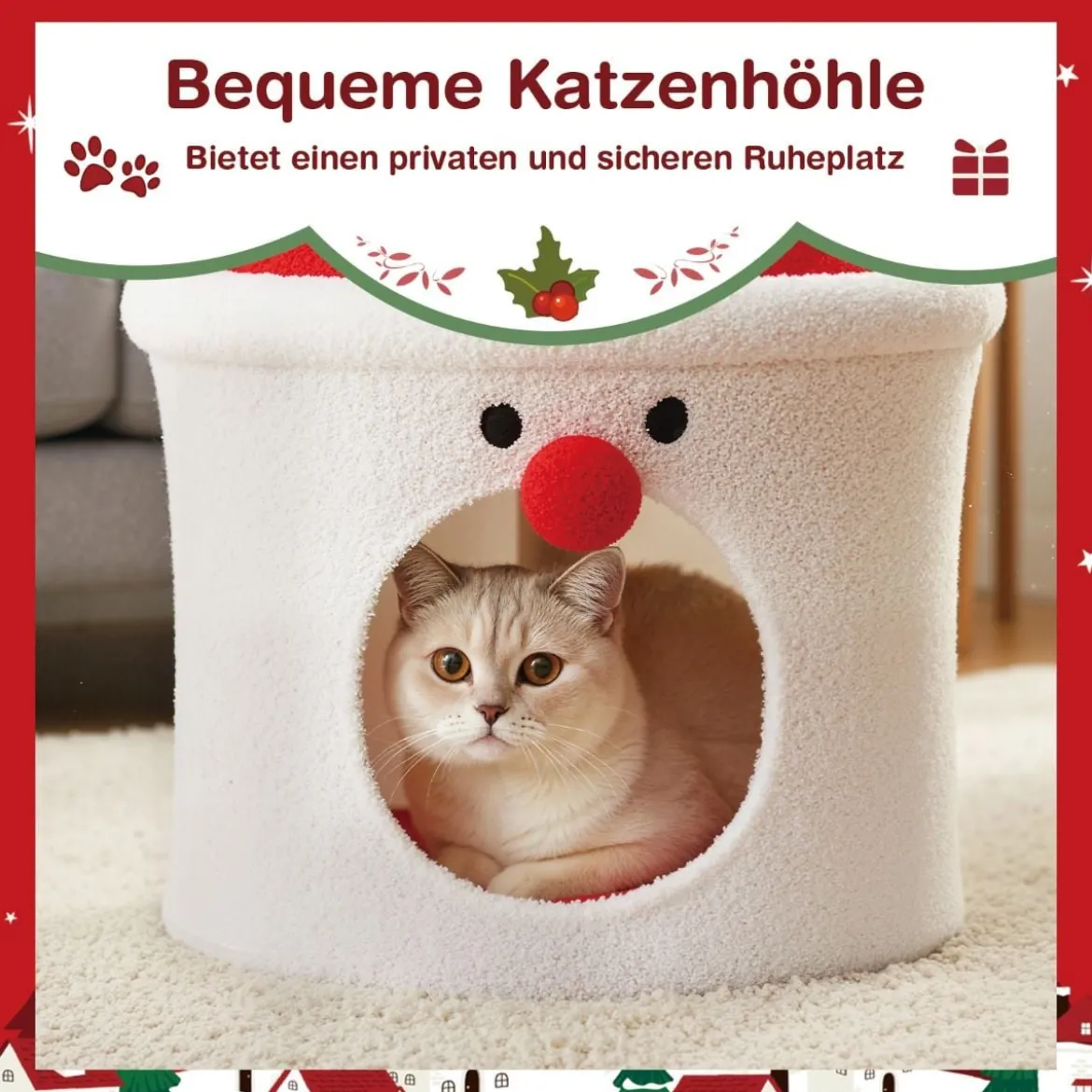 Weihnachts-Kratzbaum mit Schlafplatz 75 cm moderner süßer Katzenturm mit gepolsterter oberer Liegefläche Rot