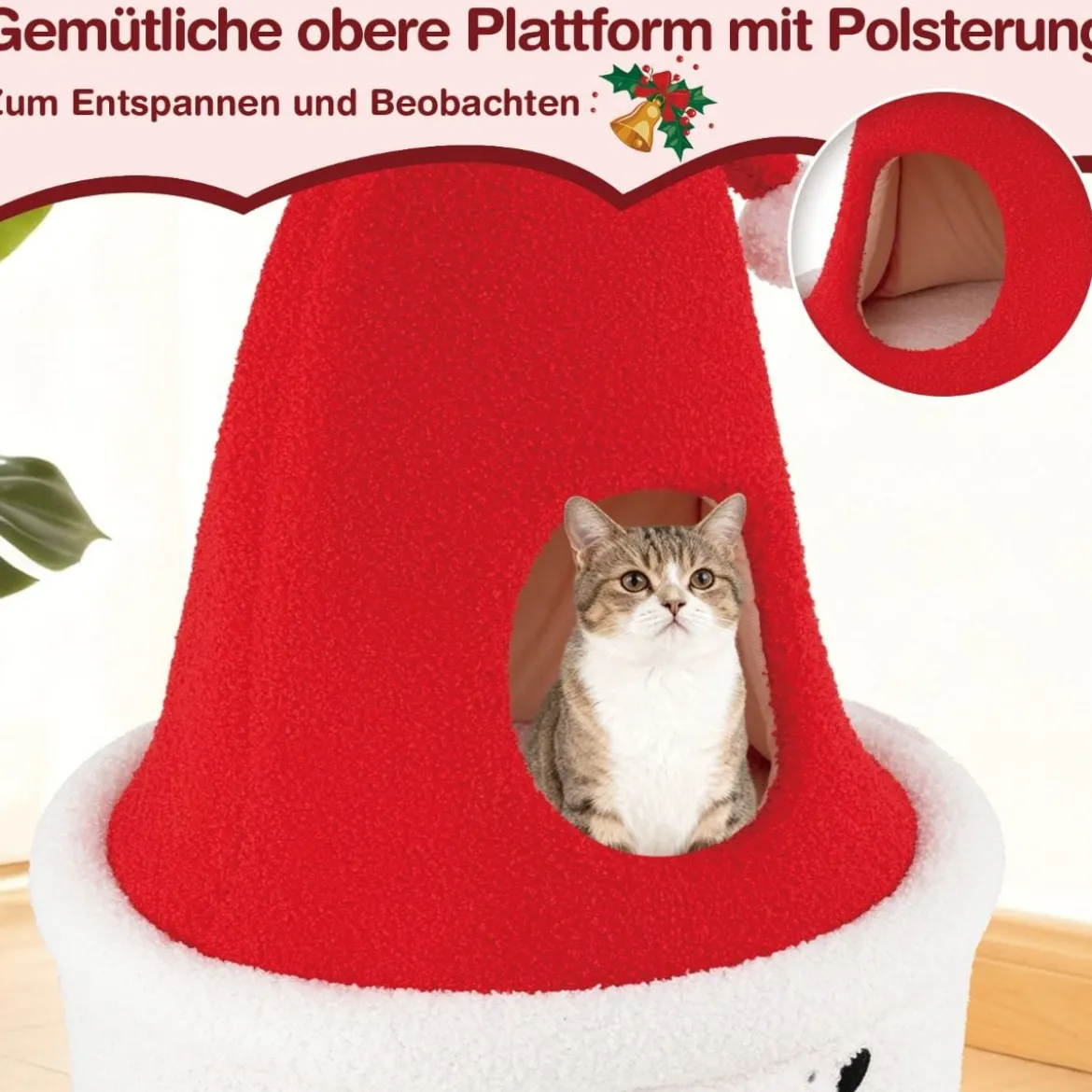 Weihnachts-Kratzbaum mit Schlafplatz 75 cm moderner süßer Katzenturm mit gepolsterter oberer Liegefläche Rot