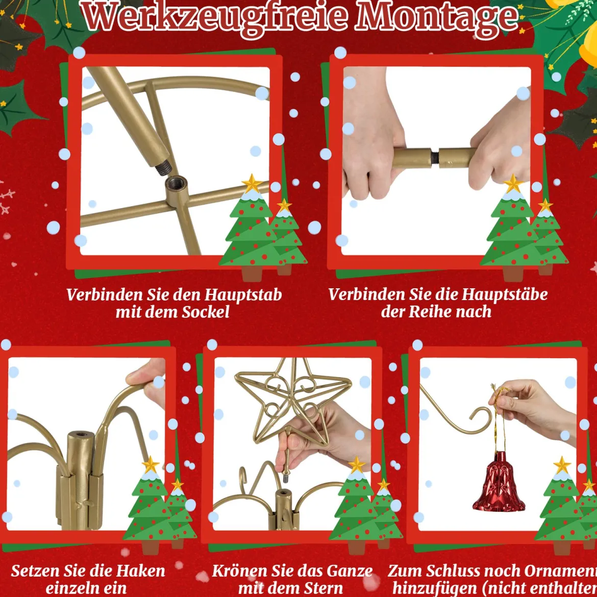 Weihnachtsstrumpfhalter Displaybaum mit 16 Haken & Sternspitze Ornament-Hängegestell Metallständer Golden
