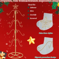 Weihnachtsstrumpfhalter Displaybaum mit 16 Haken & Sternspitze Ornament-Hängegestell Metallständer Golden