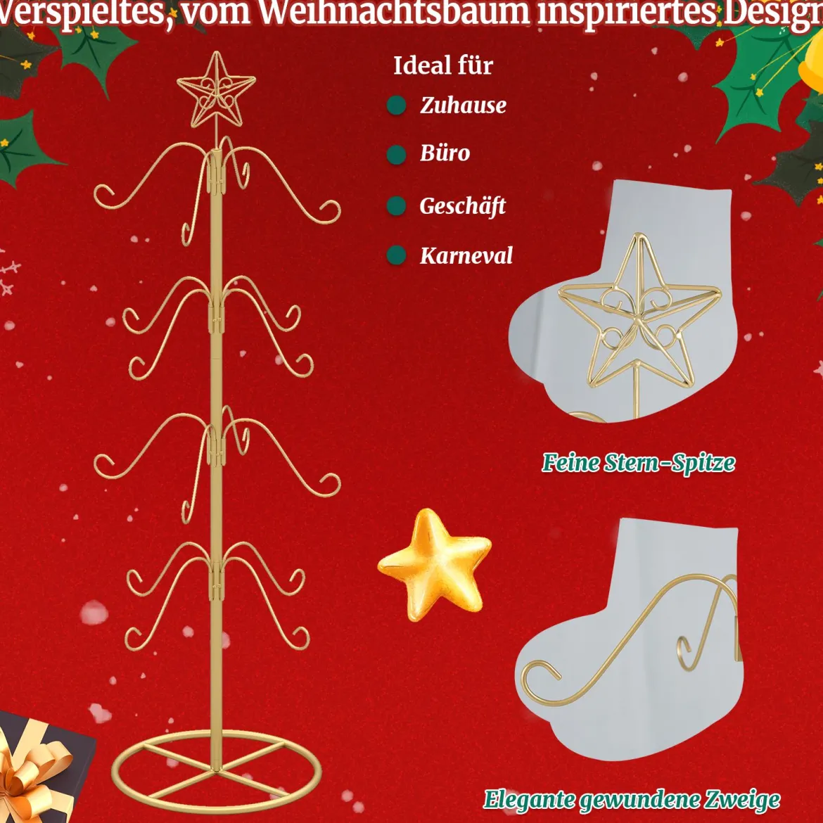 Weihnachtsstrumpfhalter Displaybaum mit 16 Haken & Sternspitze Ornament-Hängegestell Metallständer Golden