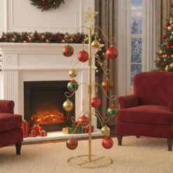 Weihnachtsstrumpfhalter Displaybaum mit 16 Haken & Sternspitze Ornament-Hängegestell Metallständer Golden
